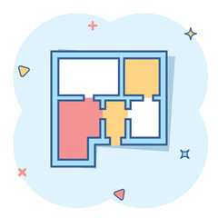 Vector cartoon house plan icon in comic style. Architect scheme sign illustration pictogram. House scheme business splash effect concept.