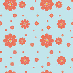 A lot of large and little pink flowers with yellow pollen spread border on light blue background wallpaper looks like Sakura or Cherry blossom.