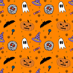 Seamless pattern cartoon of mummies white ghosted pumpkin bat purple witch hats and candies spread on orange background for Halloween holiday.