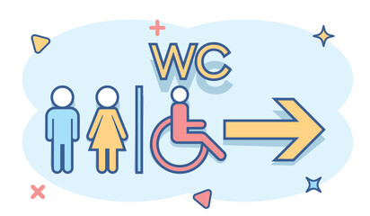 Vector cartoon WC, toilet icon in comic style. Men and women restroom sign illustration pictogram. WC business splash effect concept.