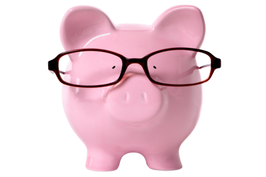 Piggy bank wearing glasses isolated old age saving concept transparent background photo PNG file
