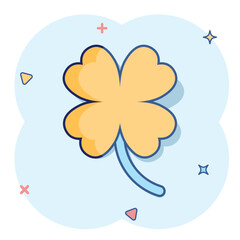 Vector cartoon four leaf clover icon in comic style. Clover sign illustration pictogram. Flower business splash effect concept.