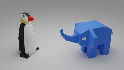 Low poly blue elephant and penguin on grey background. PostgreSQL free database symbol concept or metaphor working on linux operational system. 3d illustration - obrazy, fototapety, plakaty