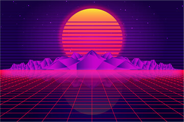 Retro Sci-Fi futuristic vector, background 1980s and 1990s style 3d illustration. Digital landscape in a cyber world. For use as design cover.