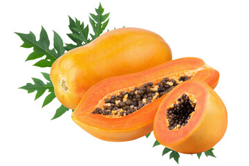 Whole and half of ripe papaya fruit with seeds on alpha background