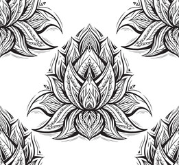 Vector seamless pattern with contour tribal lotuses. Monochrome mystical floral texture. Sacred black and white wallpaper with water lilies