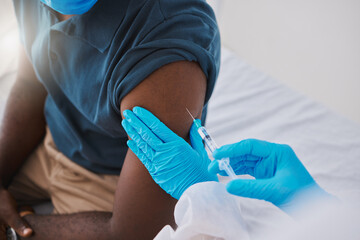 Fototapeta premium Closeup vaccine, injection and medicine for covid, monkeypox or ebola with doctor, healthcare or medical professional. Frontline worker in using syringe or needle to inject clinic or hospital patient