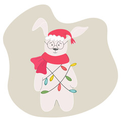 Cute vector rabbit with colorful garland. Symbol of the Chinese New Year 2023. Flat illustration of a funny character on a beige background for cards, banners, posters, calendars.