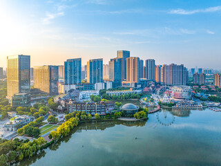 Aerial view of Baijiahu Park and business district in Nanjing, Jiangsu Province, China