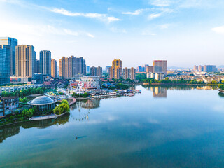 Fototapeta na wymiar Aerial view of Baijiahu Park and business district in Nanjing, Jiangsu Province, China