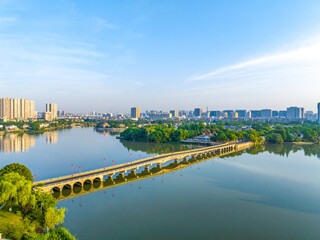 Aerial view of Baijiahu Park and business district in Nanjing, Jiangsu Province, China