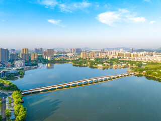 Fototapeta premium Aerial view of Baijiahu Park and business district in Nanjing, Jiangsu Province, China