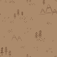 kids seamless pattern with mountains, trees, houses. Scandinavian pattern, scandi motives on dark background