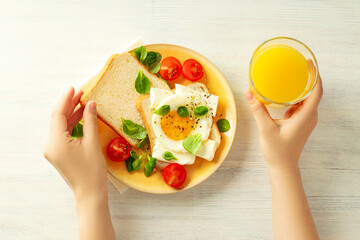 Concept of breakfast with tasty food, top view