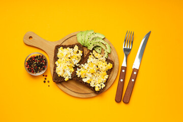 Concept of breakfast with tasty food, top view