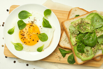 Concept of tasty breakfast with delicious food, close up