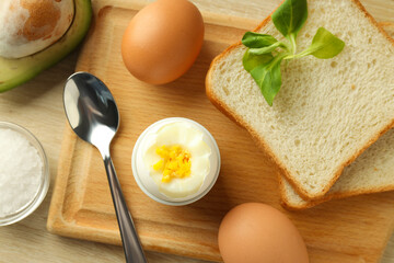 Concept of tasty breakfast with delicious food, close up