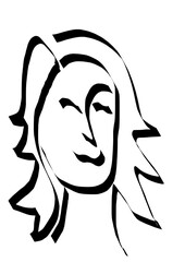 Sketch of a woman's face. The lady is smiling and her hair is down.