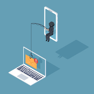 Phishing By Email. Hacker Attacks A Computer Laptop. Fraud Scam And Steal Private Data On Devices. Vector Illustration Isometric Flat Design For Cyber Security Awareness Concept.