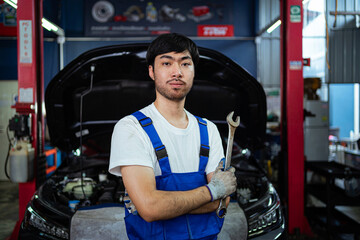 Portrait of an Asian mechanic with his repair equipment standing under the car in the repair center as part of the showroom. Professional auto mechanic, mechanic, professional engineer in car garage.