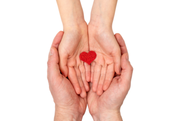 Father and child holding small red heart in hands