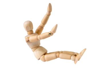 Wooden man doing gymnastic, abdominal exercise