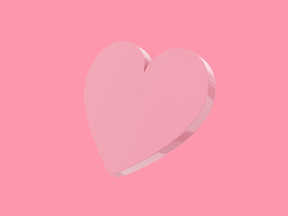 Flat heart. Symbol of love. Pink single color. On a pink monochrome background. Bottom view. 3d rendering.