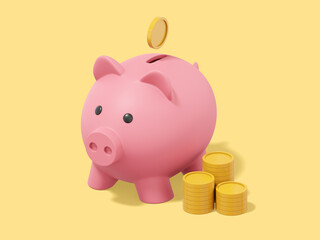 Pink piggy bank with falling coins, stacks of coins on yellow background. Accumulation of savings icon. 3D rendering.