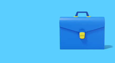Blue briefcase on blue background. Front view. Portfolio icon banner with space for text. 3D rendering.