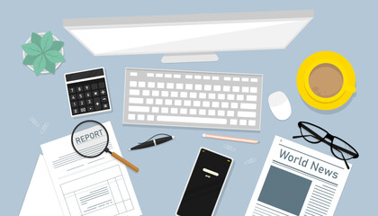 Top view desk design, Workplace for business management, Flat vector design illustration.