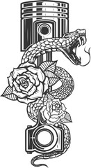 Illustration of the snake on car piston and roses. Design element for poster, t shirt, card, banner. Vector illustration