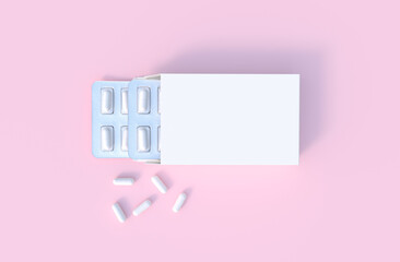 Fototapeta na wymiar Mockup template with two blisters with white pills capsules in packaging boxes. 3d render