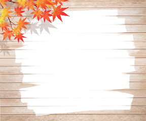 ぬくもりのある木目の白いボードに白いペンキーもみじの葉っぱの秋冬おしゃれ壁紙素材
