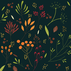 Set of different  Autumn leaves, small flowers and botanical on dark background, decoration for cards, packaging,  
invitations, posters greetings, covers.