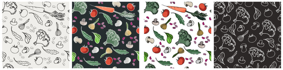 Seamless patterns set with vegetables, beans and greens for surface design, posters, illustrations. Isolated elements on white background. Healthy carb foods, vegan theme
