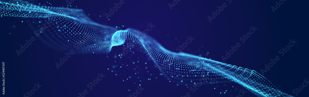 Poster abstract sound wave web banner. artificial intelligence expressed by moving particles. 3d rendering.