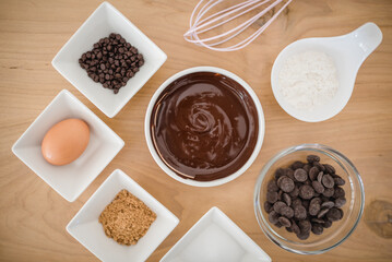 Top view of ingredients for a baking chocolate brownie or cake.