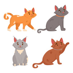Set of cute cats in different poses. Funny cats isolated on white background. Flat vector illustration