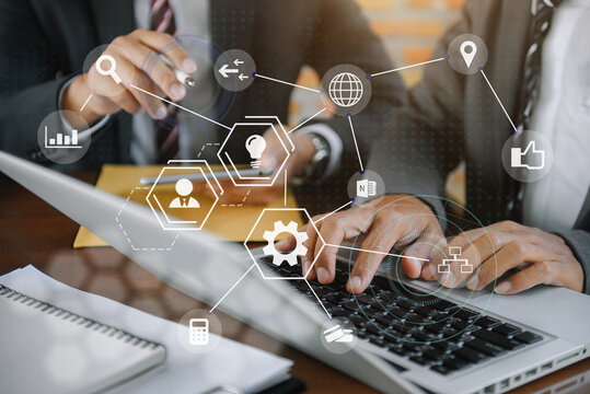 Business meeting account managers crew working search page on computer with new startup project. Idea presentation, analyze plans.