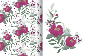 Flower bouquet with seamless pattern. Floral background set