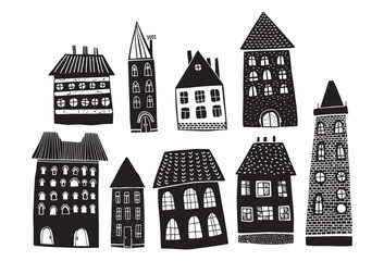 Houses bundle linocut style, black and white illustrations - 524408972