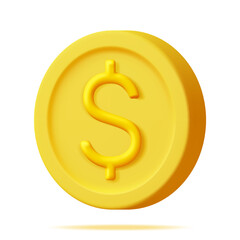 3D Gold Coin with Dollar Sign Icon Isolated. American Dollar Coin Render. Empty Golden Money Sign. Growth, Income, Savings, Investment. Symbol of Wealth. Business Success. Vector Illustration