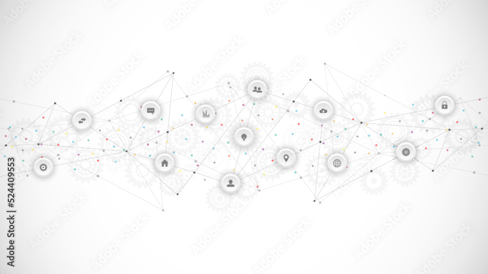 Wall mural information technology background with infographic elements and flat icons. digital technology, netw