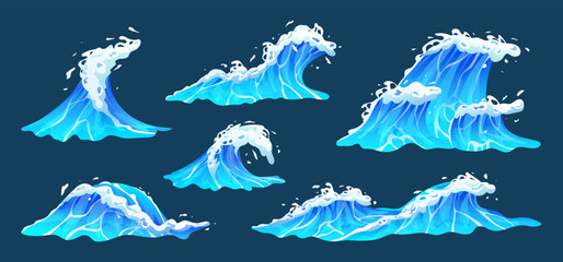 Sea waves vector illustration set. Collection of blue ocean waves with white foam in cartoon style - obrazy, fototapety, plakaty