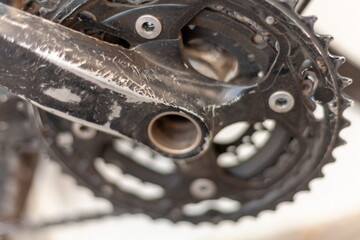 Mountain bike used weathered cranks close-up