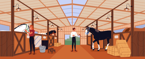 Equine stable for horses, stallions. Inside wood barn, stall. Horsemen people care about purebred animals in countryside paddock interior. Country ranch building panorama. Flat vector illustration - obrazy, fototapety, plakaty