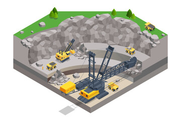 Isometric mining quarry, mine with large quarry dump truck and Bucket-wheel excavator. Coal mine. Bucket-wheel excavator mining lignite.