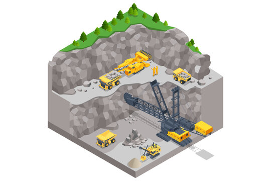 Isometric mining quarry, mine with large quarry dump truck and Bucket-wheel excavator. Equipment for high-mining industry. Bucket-wheel excavator mining lignite.