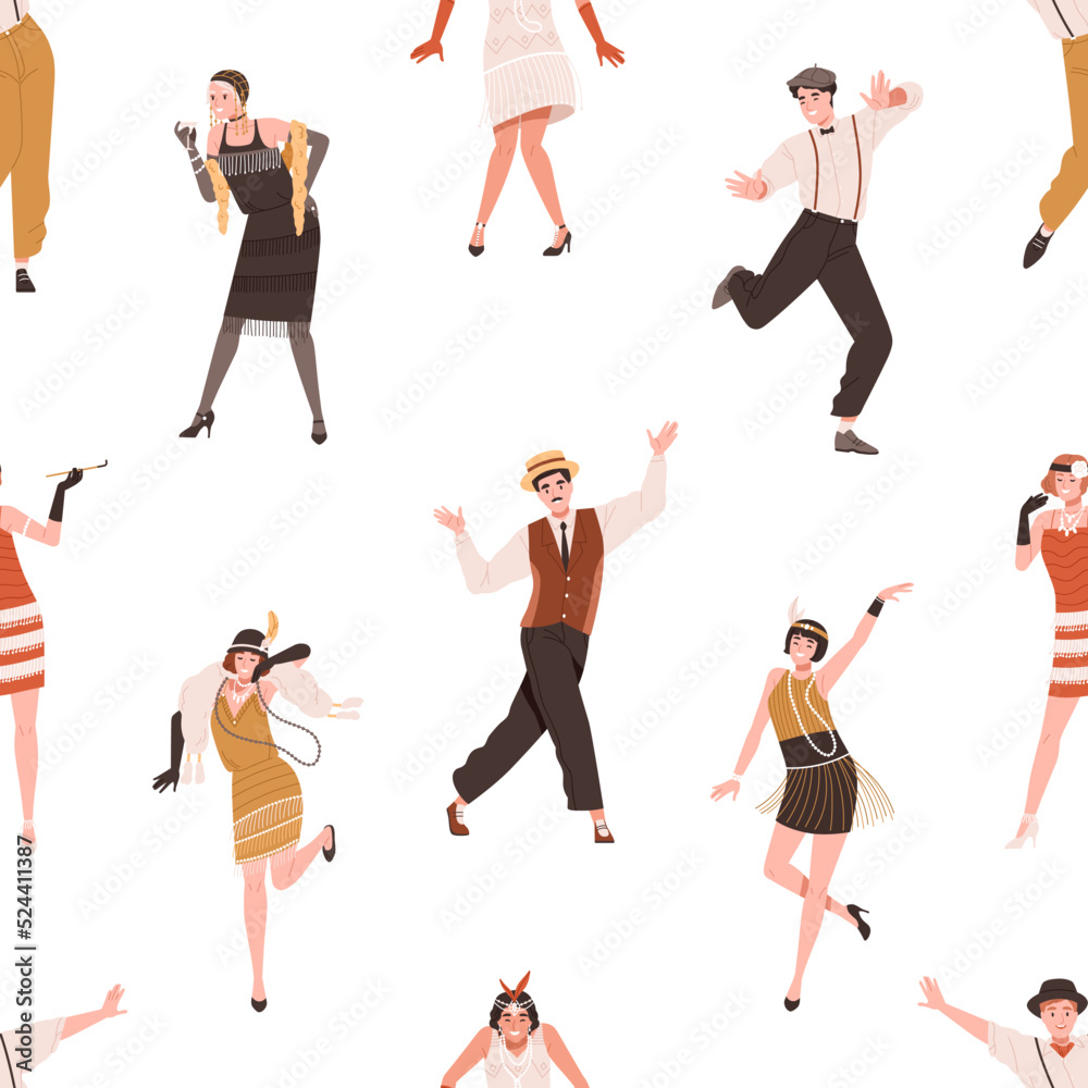 Poster Seamless pattern with broadway dancers in 1920s style. Repeating background with happy funny people dancing to music at gatsby night party. Endless texture design. Colored flat vector illustration