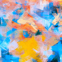 Vibrant square painting, canvas. Orange, yellow and blue acrylic art, artistic texture